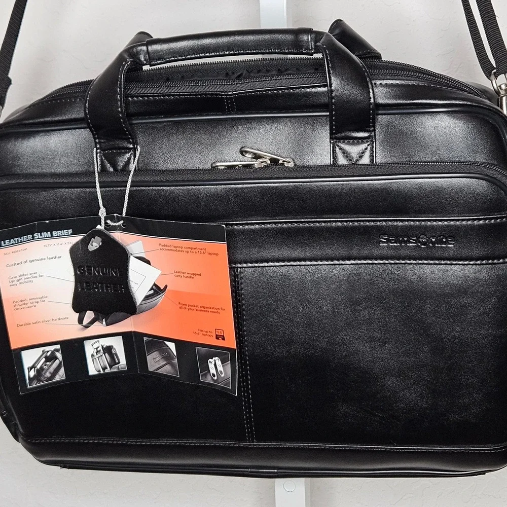 Samsonite Leather Slim Briefcase Laptop Bag Black Business Travel Shoulder NWT‎